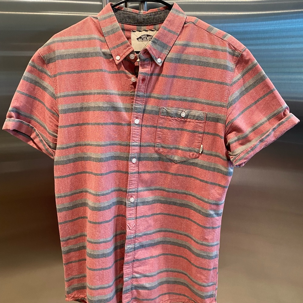Vans Pink and Gray Striped Short Sleeve Button-Down Shirt